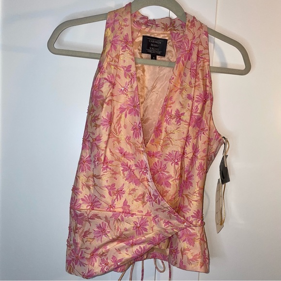 Carmen Marc Valvo Tops - Carmen Marc Valvo Pink Orange Beaded Floral Wrap Blouse Top 8